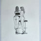 ILLUSTRATION ART FEMALE COUPLE PENCIL DRAWING vintage signed