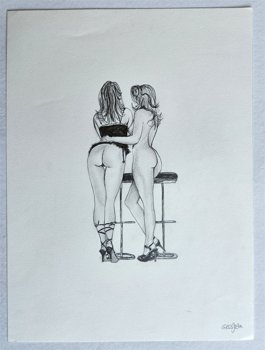 ILLUSTRATION ART FEMALE COUPLE PENCIL DRAWING vintage signed
