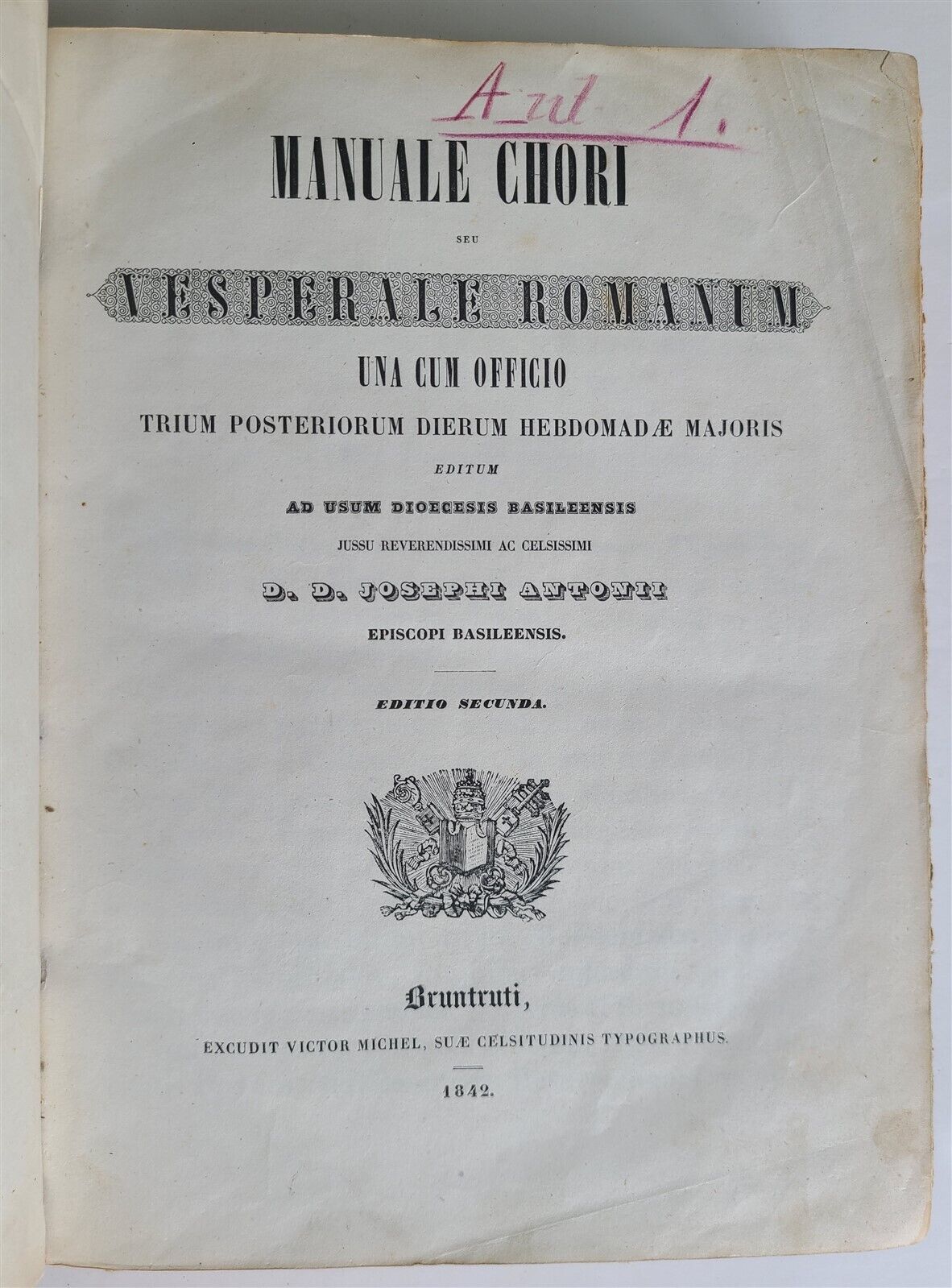 1842 MANUALE CHORI seu VESPERALE ROMANUM antique FOLIO