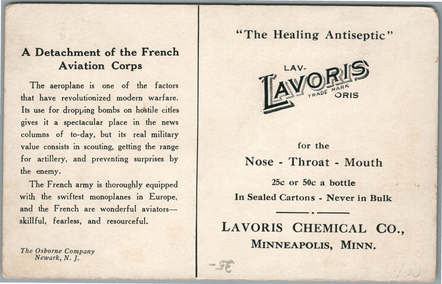 MINNEAPOLIS MN FRENCH AVIATION CORPS MEDICATIONS ADVERTISING ANTIQUE POSTCARD