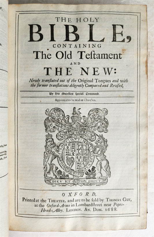 1688 BIBLE in ENGLISH FOLIO antique OLD & NEW TESTAMENT 17th CENTURY Oxford