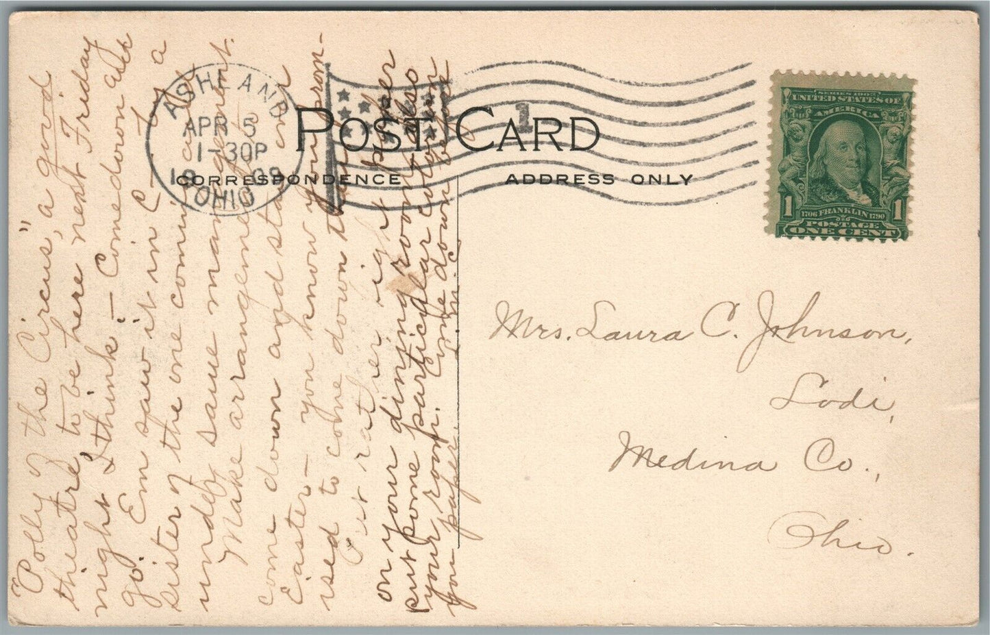 ASHLAND OH SANDUSKY STREET 1909 ANTIQUE POSTCARD