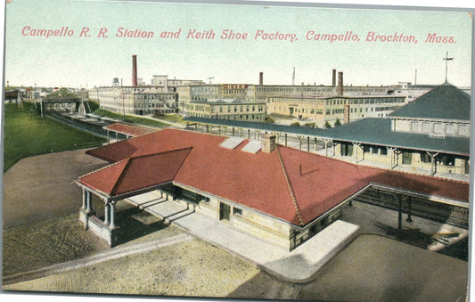 BROCKTON MA CAMPELLO RAILROAD STATION DEPOT & SHOE FACTORY ANTIQUE POSTCARD