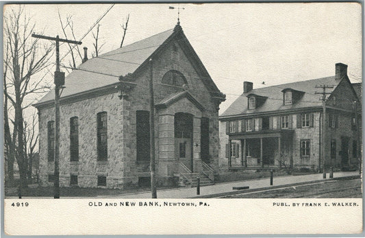 NEWTOWN PA OLD AND NEW BANK ANTIQUE POSTCARD