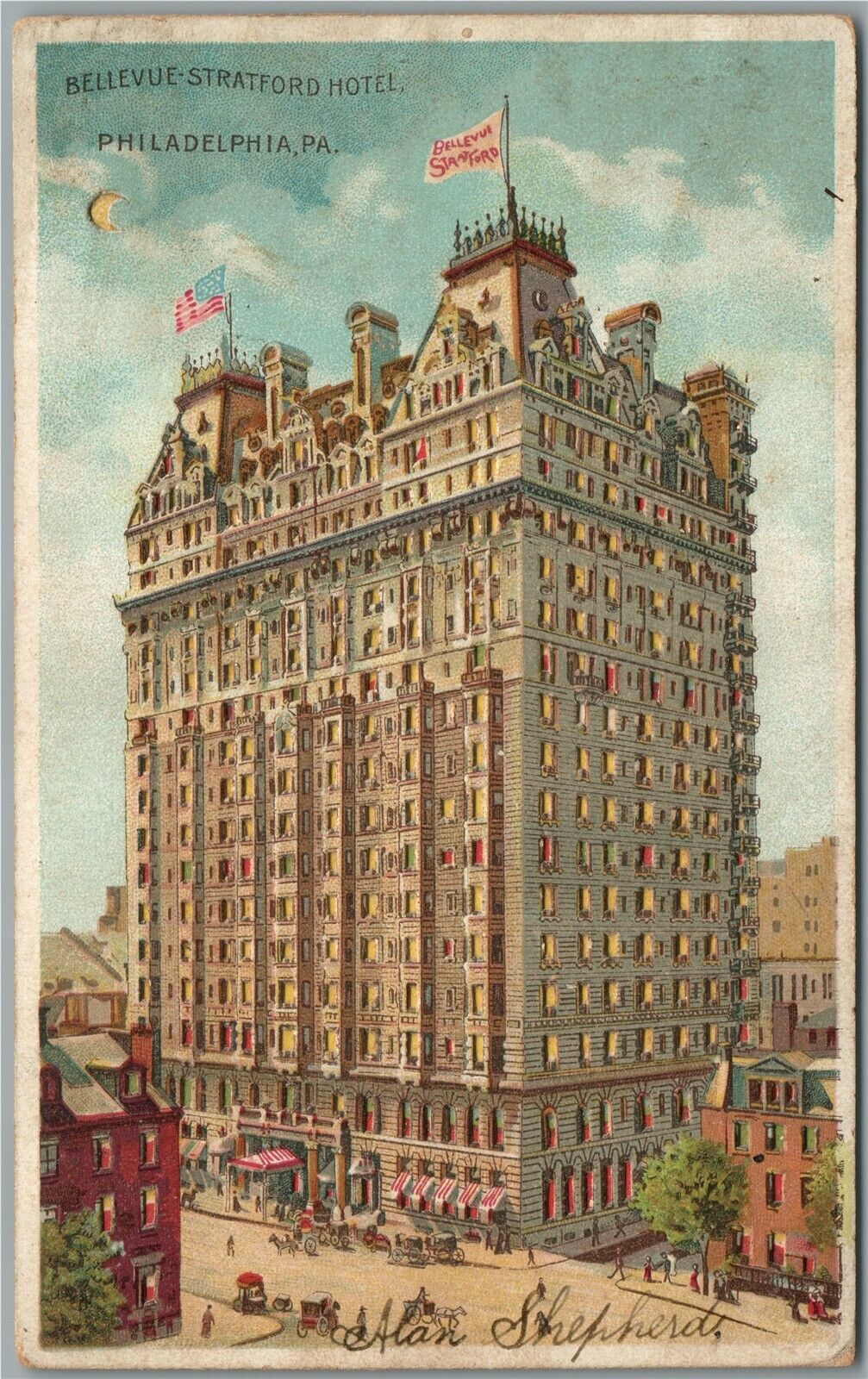 PHILADELPHIA PA BELLEVUE STRATFORD HOTEL HOLD TO LIGHT ANTIQUE POSTCARD