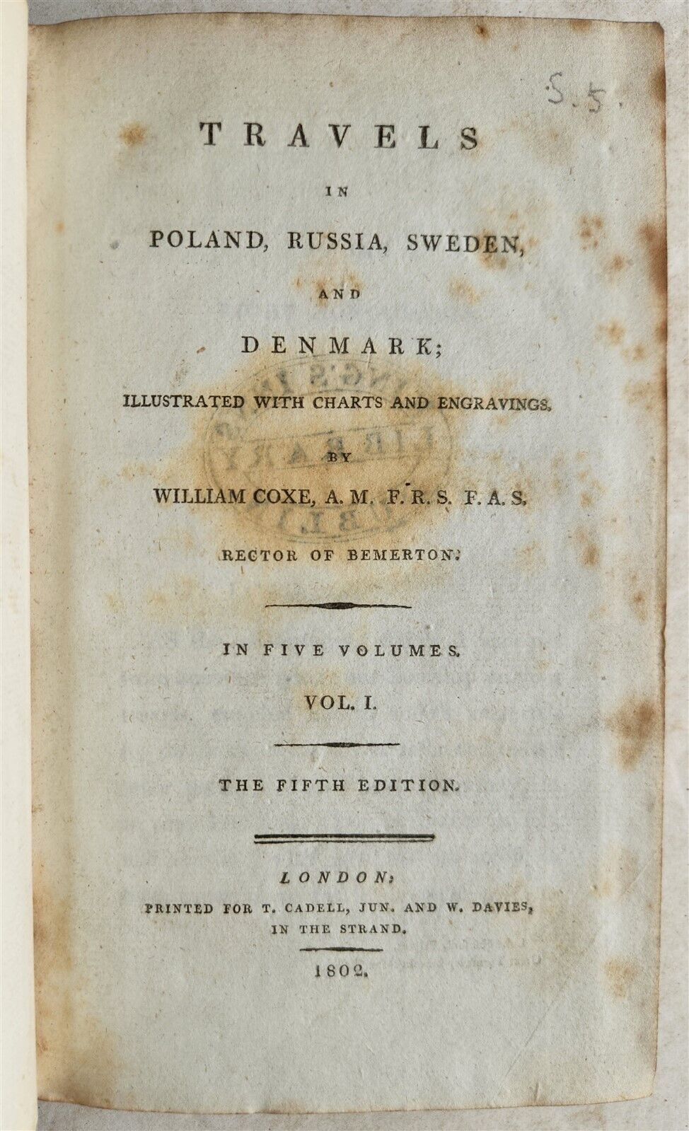 1802 TRAVELS in POLAND RUSSIA SWEDEN & DENMARK antique 5 VOLS W.COXE ILLUSTRATED