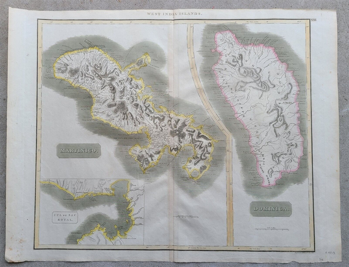 1814 MAP of WEST INDIA ISLANDS Carribean MARTINICO & DOMINICA antique 21 x 28"