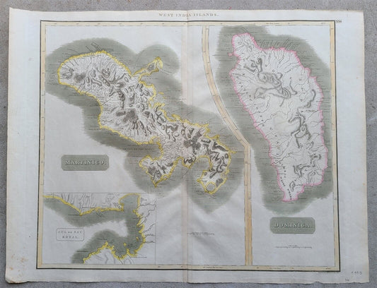 1814 MAP of WEST INDIA ISLANDS Carribean MARTINICO & DOMINICA antique 21 x 28"