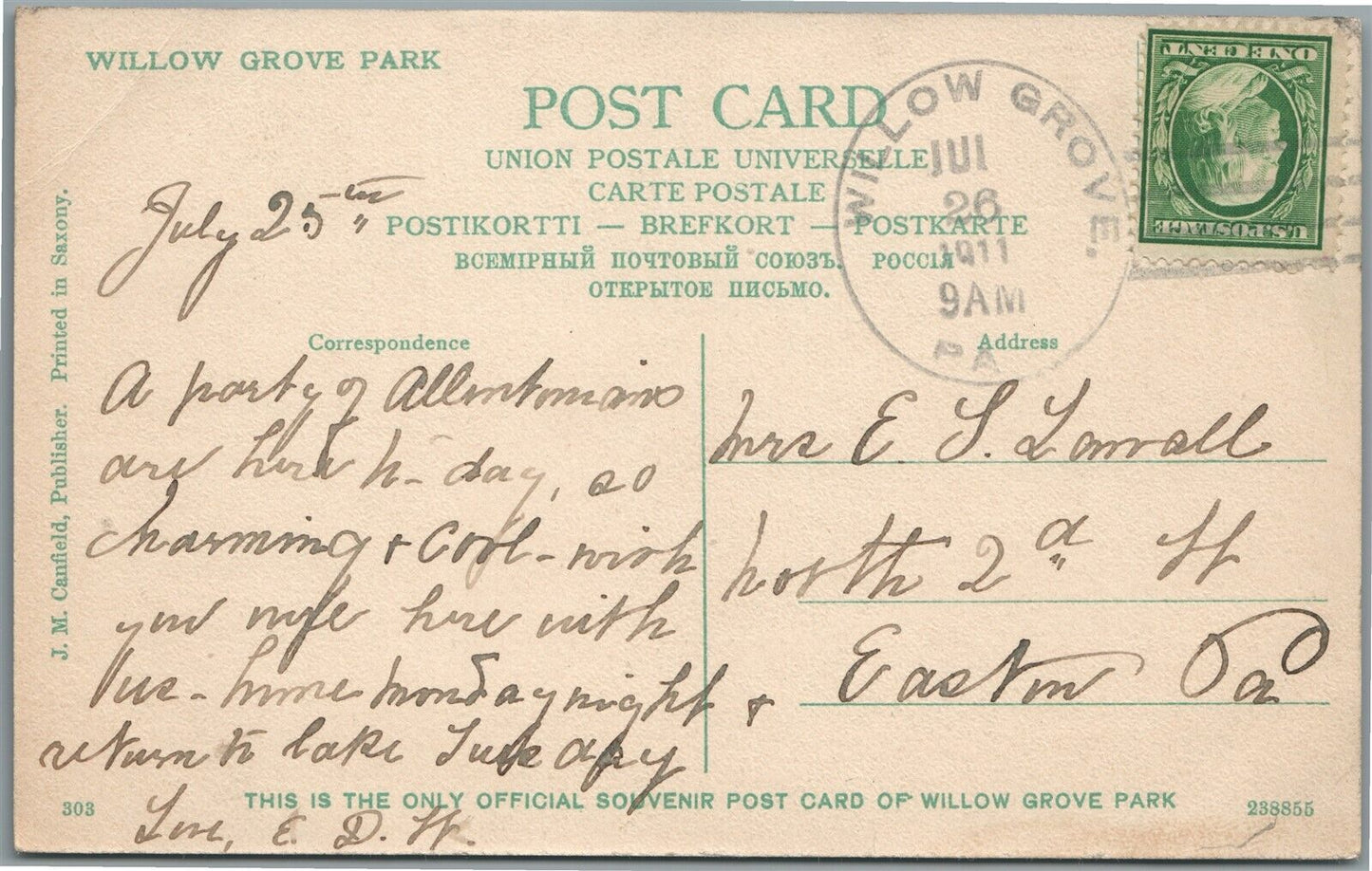 PHILADELPHIA PA WILLOW GROVE PARK AUTOMOBILE ENTRANCE ANTIQUE POSTCARD