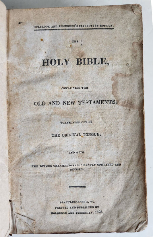 1828 BIBLE in ENGLISH antique BRATTLEBOROUGH Americana OLD & NEW TESTAMENT