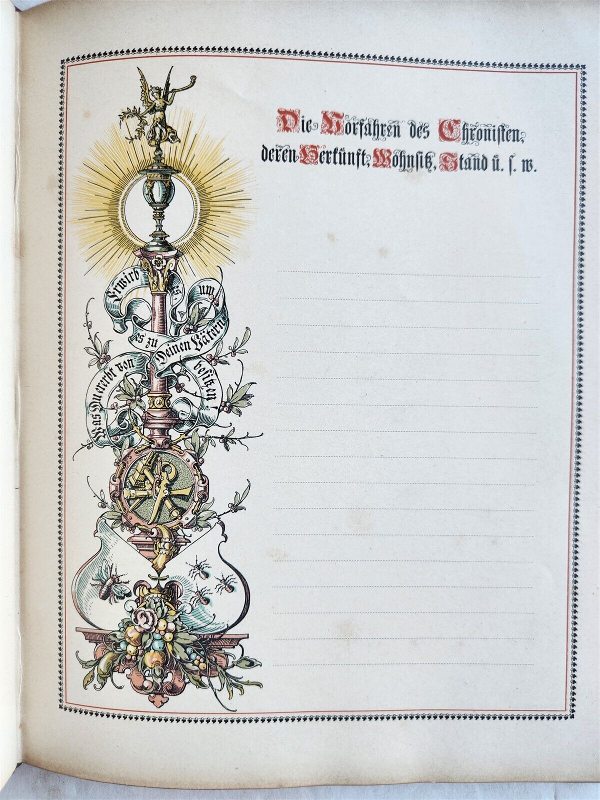 1890 FAMILY CHRONICLE w/ AMAZING BLIND-STAMPED LEATHER BINDING antique