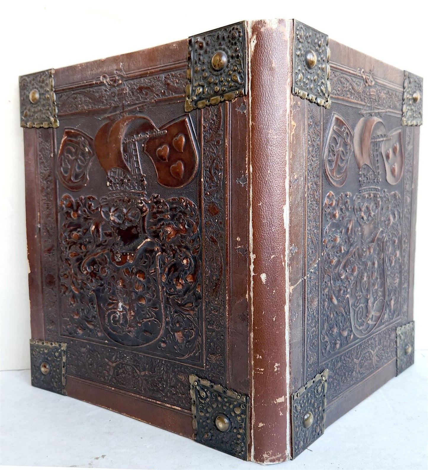 1890 FAMILY CHRONICLE w/ AMAZING BLIND-STAMPED LEATHER BINDING antique