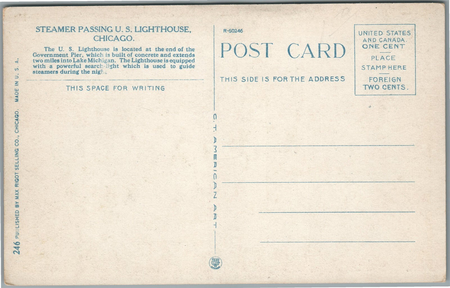 CHICAGO IL STEAMER PASSING LIGHTHOUSE ANTIQUE POSTCARD