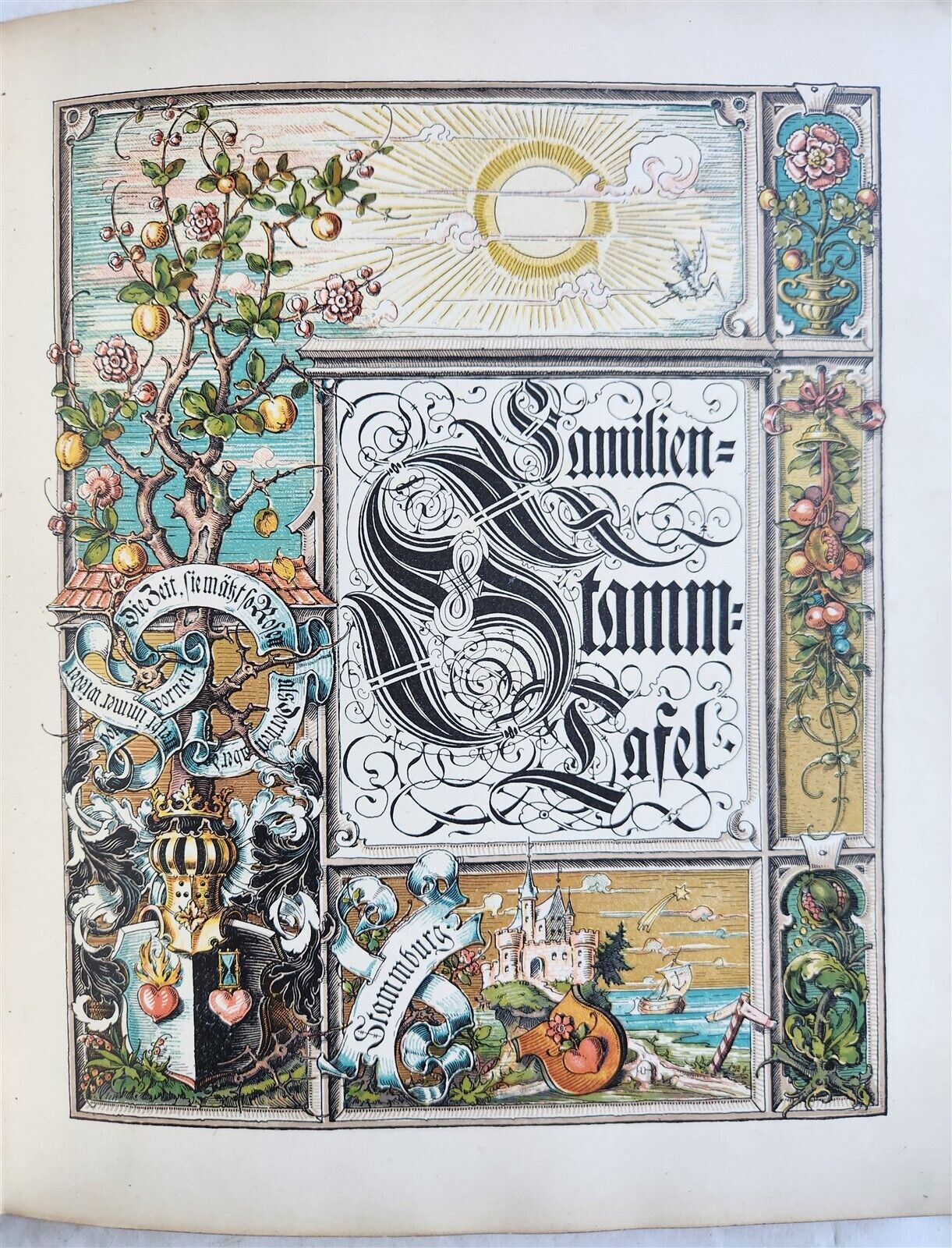 1890 FAMILY CHRONICLE w/ AMAZING BLIND-STAMPED LEATHER BINDING antique