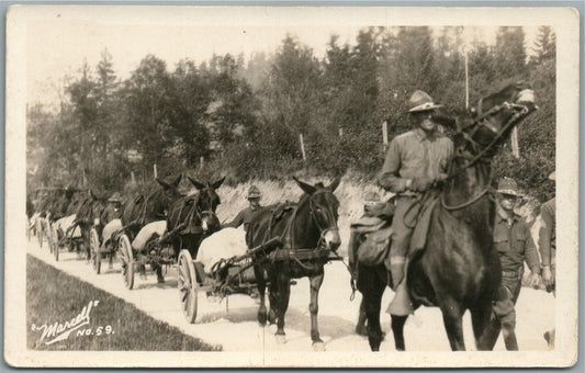 US WWI MILITARY HORSE UNIT in FRANCE ANTIQUE REAL PHOTO POSTCARD RPPC