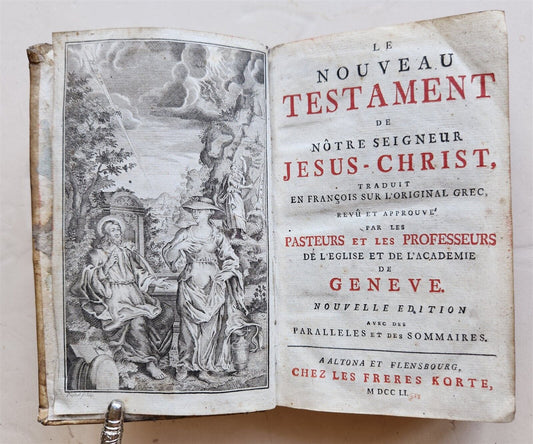 1751 BIBLE in FRENCH NEW TESTAMENT antique VELLUM BINDING