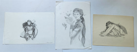 ILLUSTRATION ART FEMALE lot of 3 PENCIL DRAWINGS vintage signed