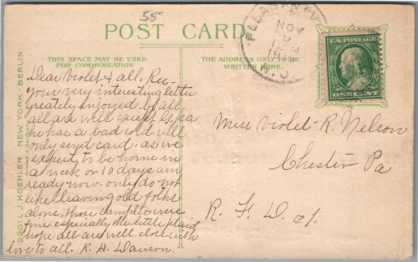 ATLANTIC CITY NJ HOLD TO LIGHT ANTIQUE POSTCARD GREEN'S DUNLOP & CHALFONTE HOTEL