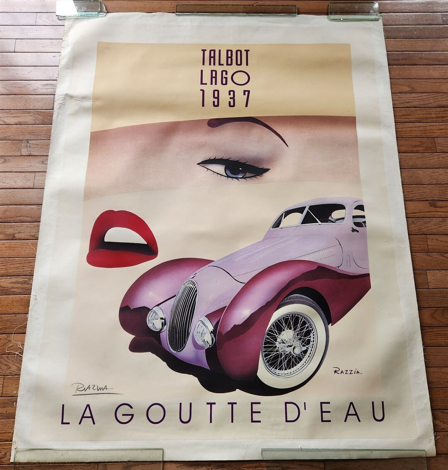 1937 BUGATTI TALBOT LAGO vintage POSTER LA GOUTTE D'EAU large Size 41.5 by 54"