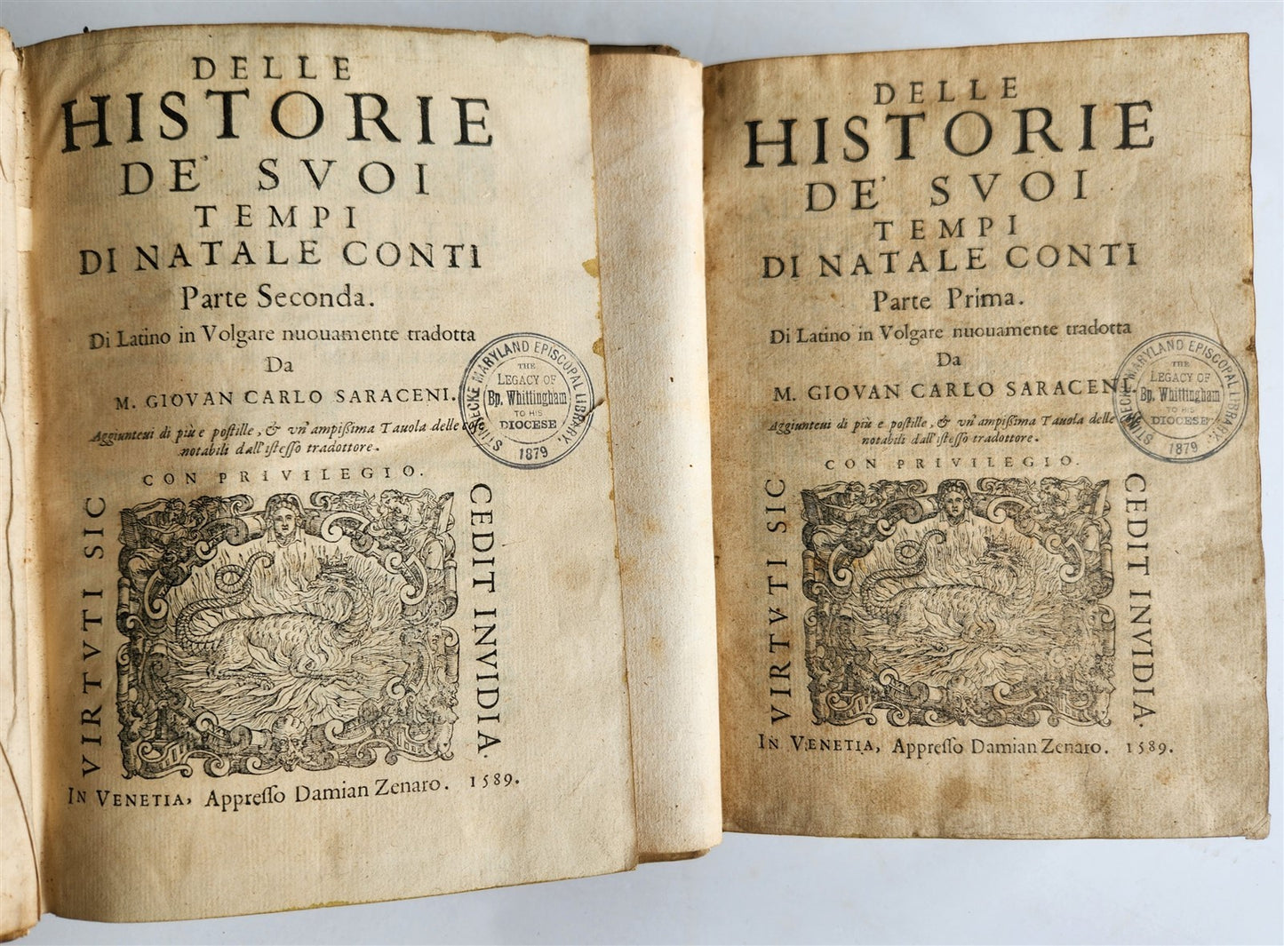 1589 HISTORY of ITALY by NATALE CONTI 2 VOLS antique VELLUM BOUND 16th CENTURY