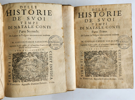 1589 HISTORY of ITALY by NATALE CONTI 2 VOLS antique VELLUM BOUND 16th CENTURY