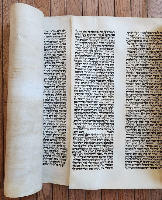 TORAH SCROLL FRAGMENT MANUSCRIPT on VELLUM antique BIBLE GENESIS 24:64 - 31:1