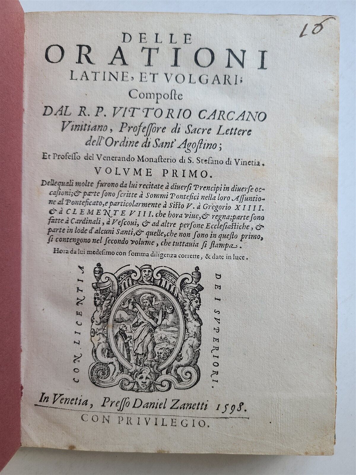 1598 DELLE ORATIONI LATINE et VOLGARI by Vittorio Carcano antique 16th CENTURY