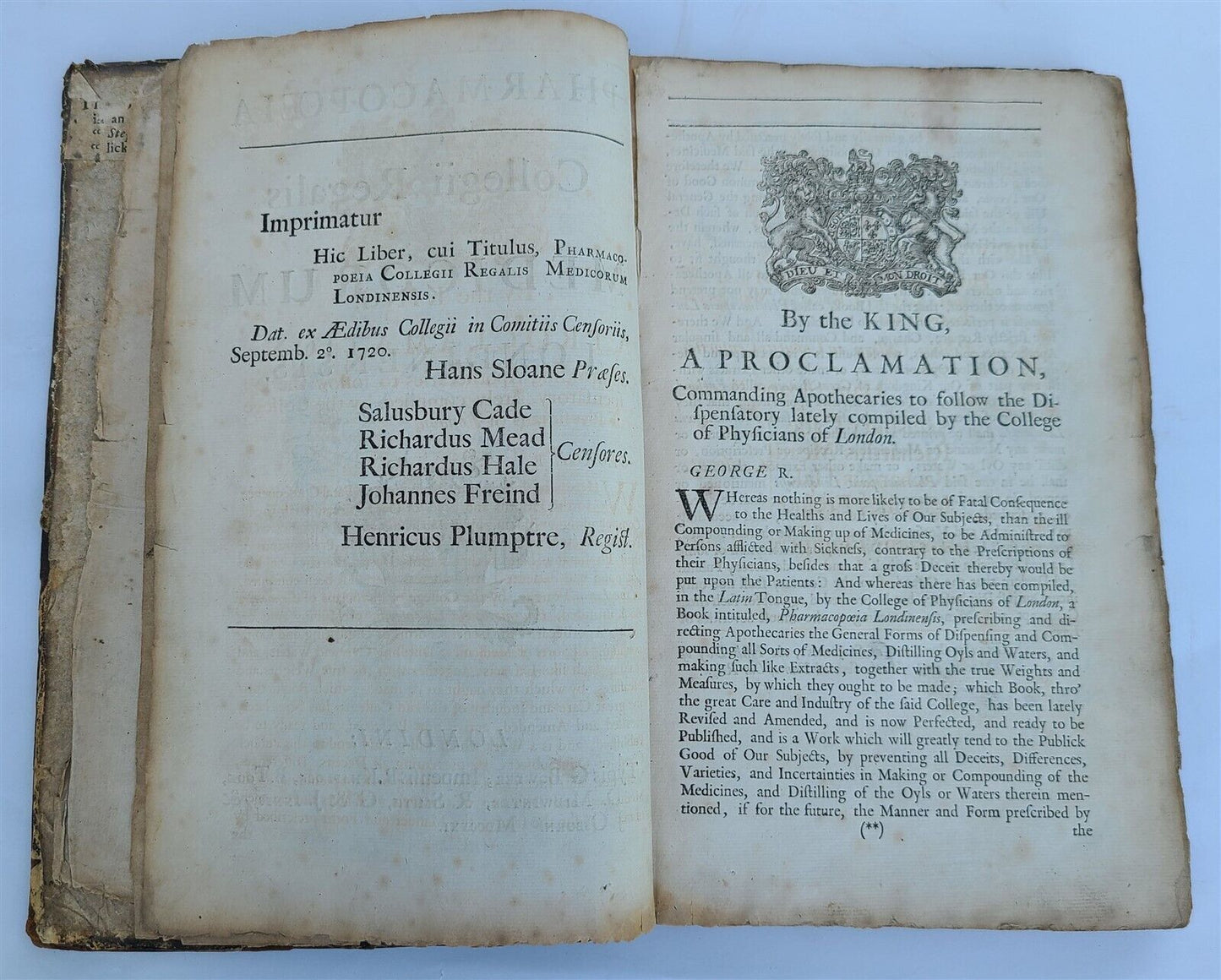 1721 PHARMACOPEIA in ENGLISH antique FOLIO