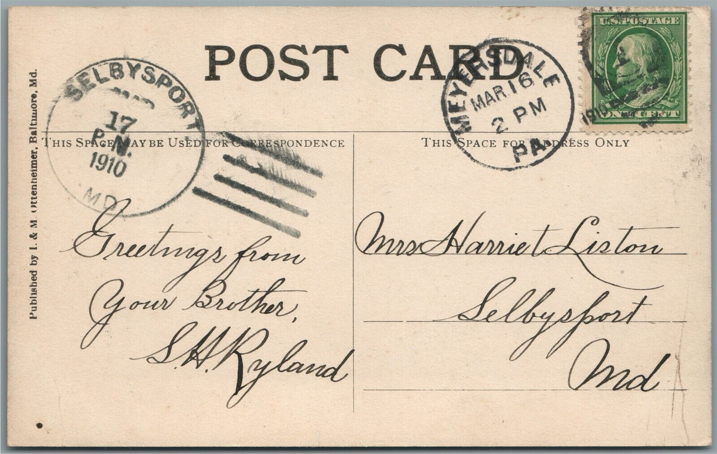 MEYERSDALE PA MAIN STREET ANTIQUE POSTCARD