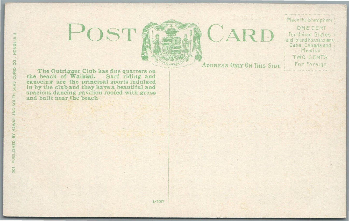 HONOLULU HI OUTRIGGER CLUB HOUSE ANTIQUE POSTCARD