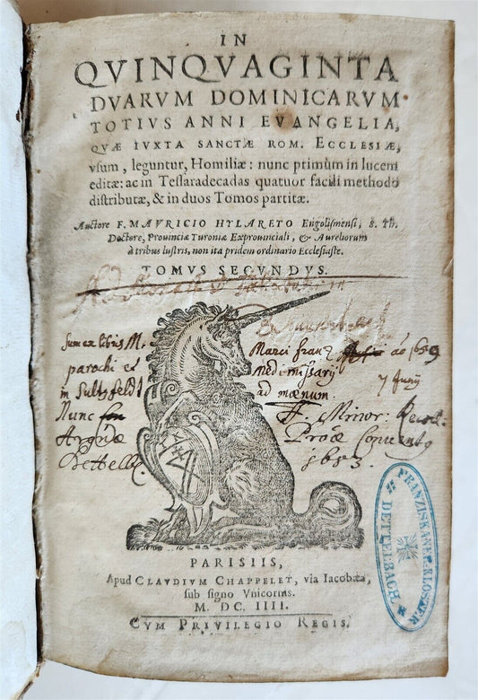 1604 SERMONS of Maurice Hylaret antique PIGSKIN BINDING UNICORN TITLEPIECE