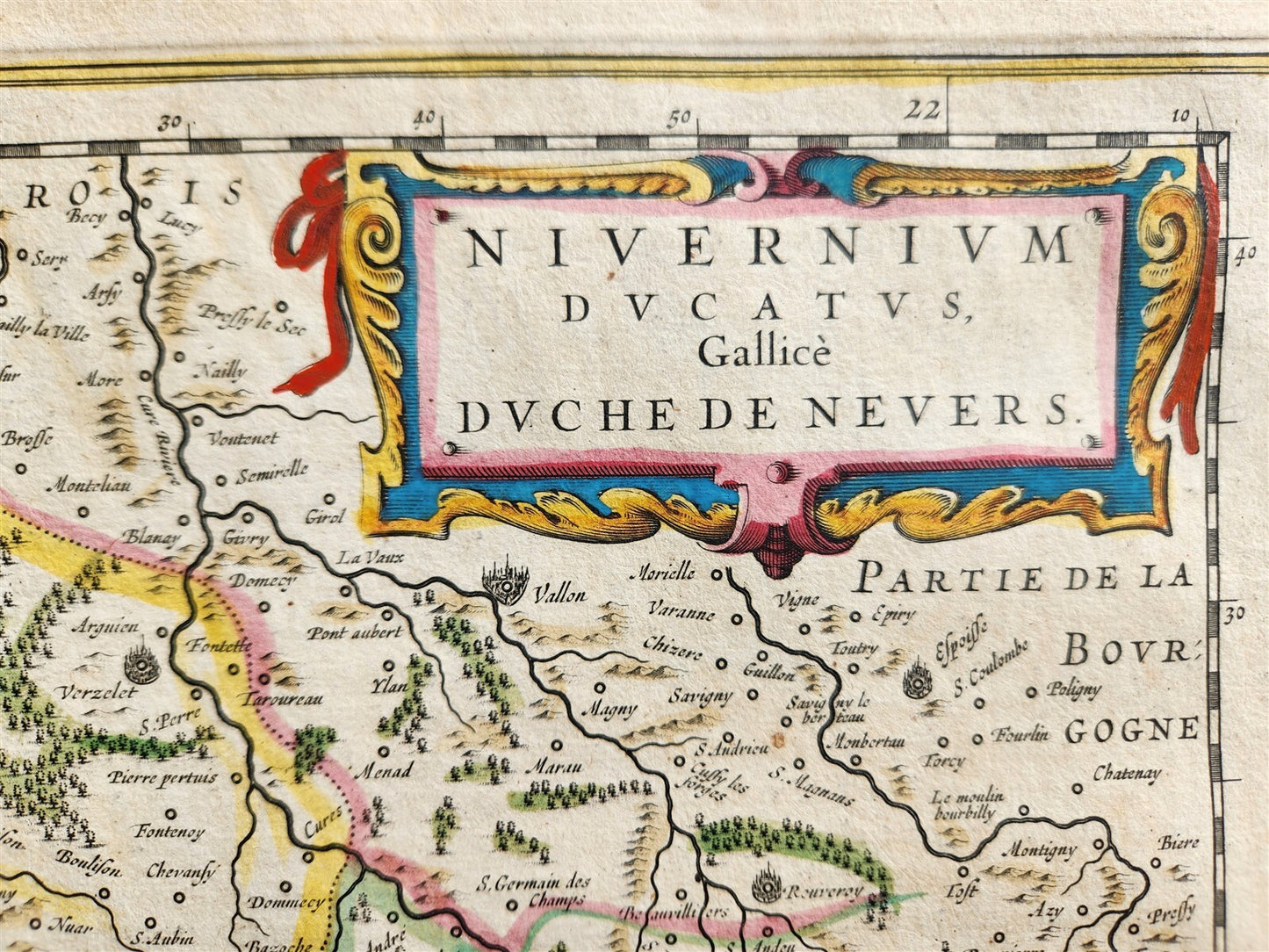 1640 MAP of NEVERS REGION FRANCE by WILLEM BLAEU antique AUTHENTIC hand colored
