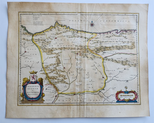 1640 ASTURIAS SPAIN MAP by WILLEM BLAEU antique AUTHENTIC hand colored