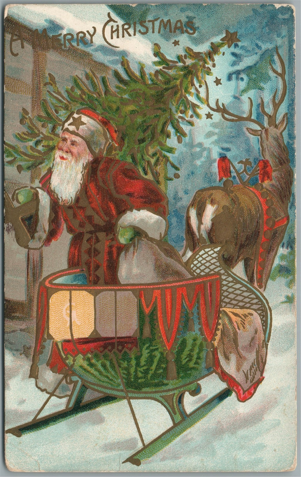 CHRISTMAS SANTA w/ DEER DRAWN CART ANTIQUE POSTCARD