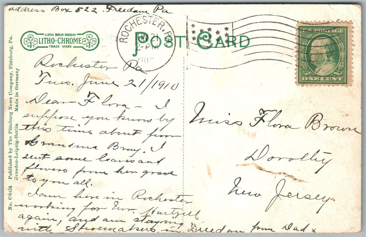 ROCHESTER PA ADAMS STREET FROM BRIGHTON AVENUE 1910 ANTIQUE POSTCARD