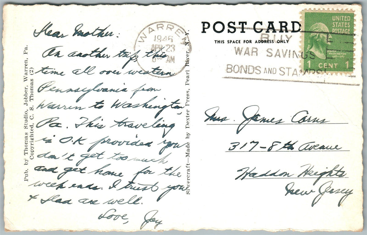 WARREN PA HICKORY STREET 1946 VINTAGE POSTCARD