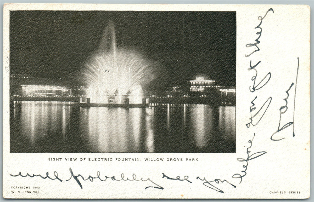 WILLOW CROVE PA AMUSEMENT PARK ELECTRICAL FOUNTAIN 1905 ANTIQUE POSTCARD