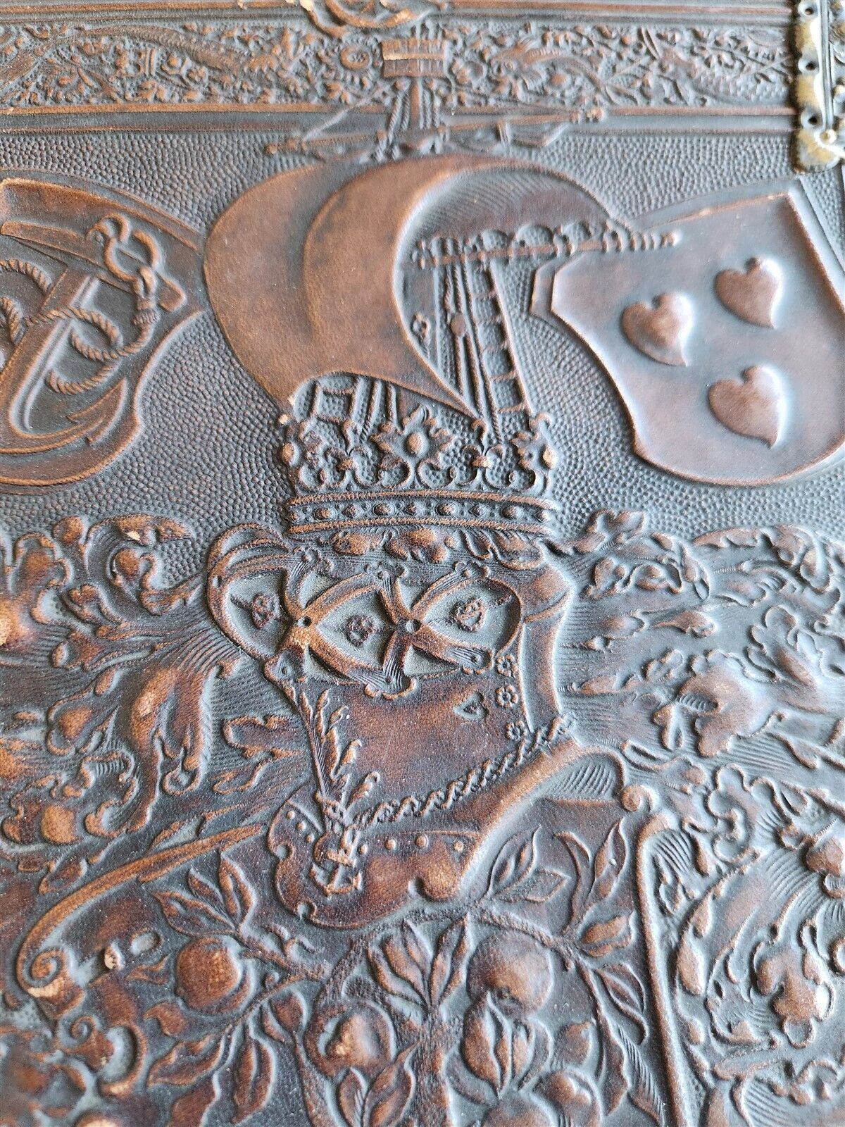 1890 FAMILY CHRONICLE w/ AMAZING BLIND-STAMPED LEATHER BINDING antique