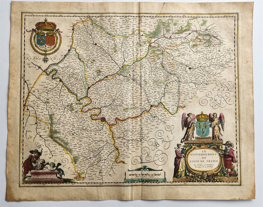 1640 MAP LE GOUVERNMENT de L'ISLE DE FRANCE BLAEU antique AUTHENTIC hand colored