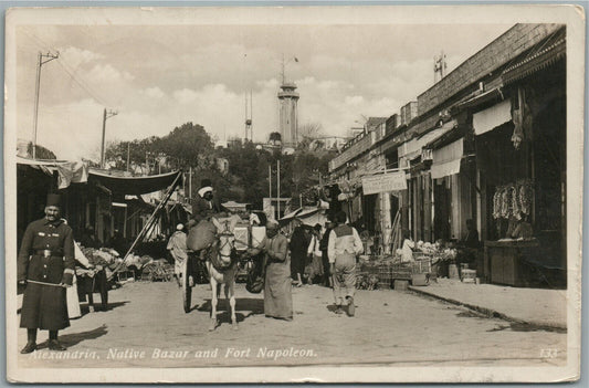 ALEXANDRIA EGYPT NATIVE BAZAAR & FORT NAPOLEON VINTAGE REAL PHOTO POSTCARD RPPC