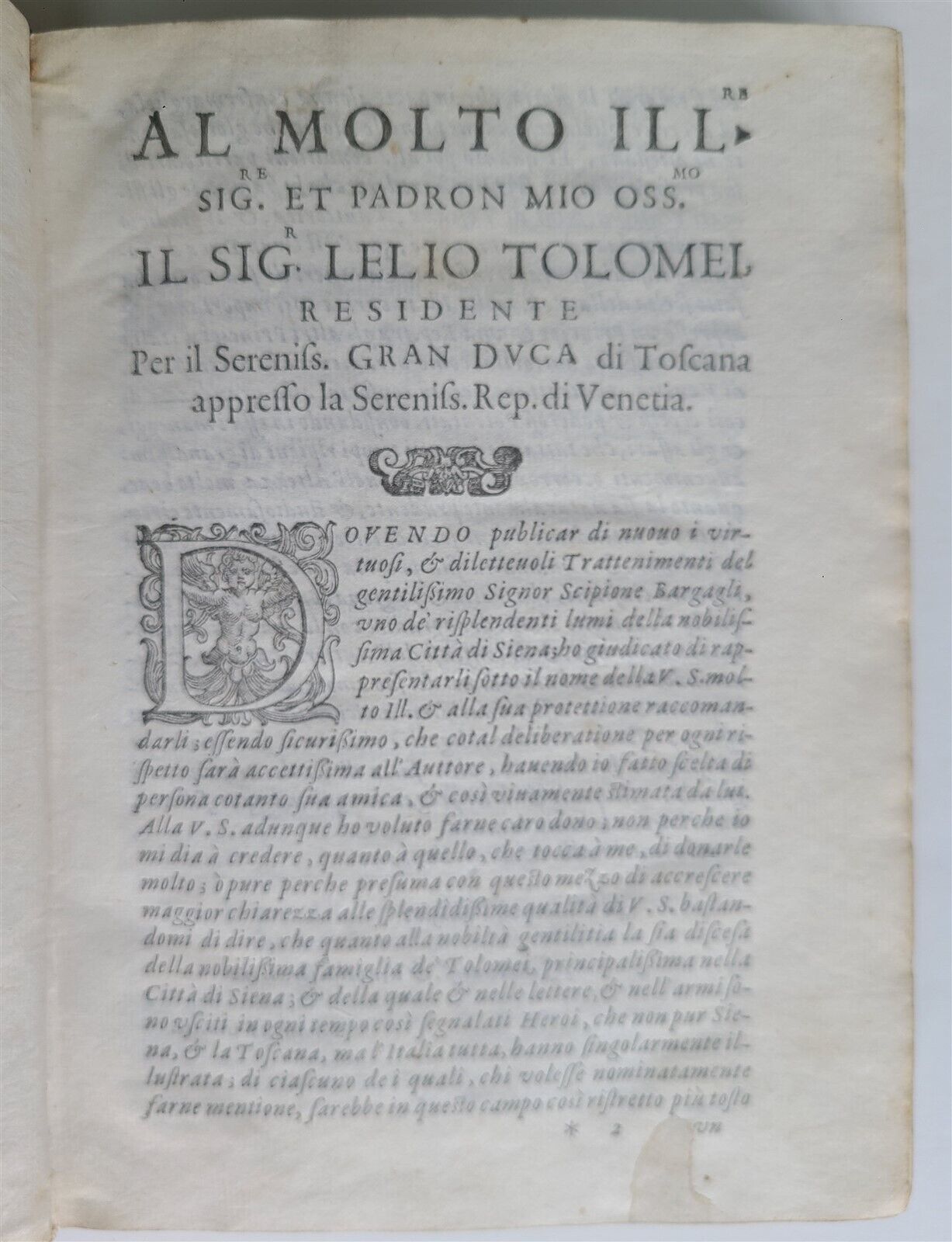 1591 I TRATTENIMENTI DI SCIPION BARGAGLI antique 16th CENTURY in Italian