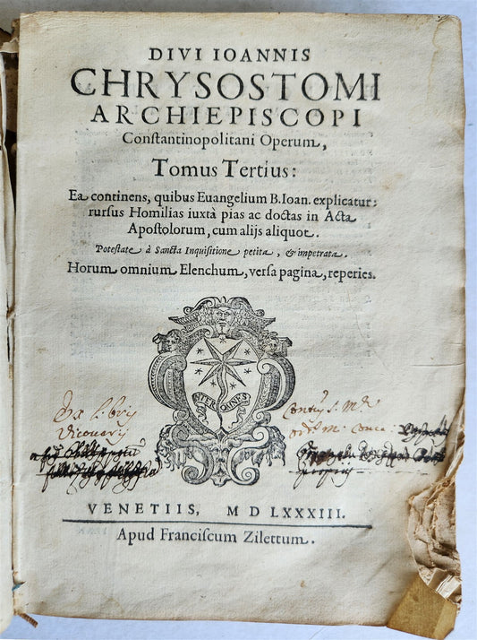 1583 Divi Ioannis Chrysostomi Archiepiscopi Constantinopolitani ANTIQUE 16th C.