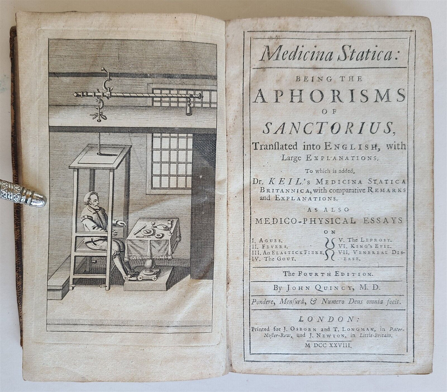 1728 MEDICINA STATICA aphorisms of Sanctorius by John Quincy antique in ENGLISH