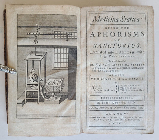 1728 MEDICINA STATICA aphorisms of Sanctorius by John Quincy antique in ENGLISH