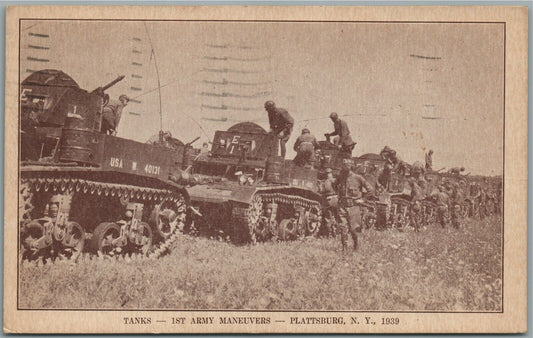 PLATTSBURG NY US ARMY TANKS MILITARY MANEUVERES WWII ERA 1939 ANTIQUE POSTCARD