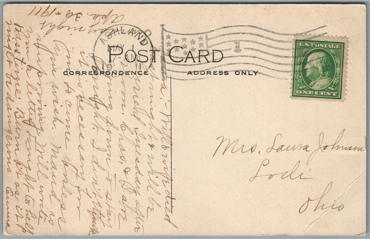 ASHLAND OH CENTER STREET RESIDENCES ANTIQUE POSTCARD