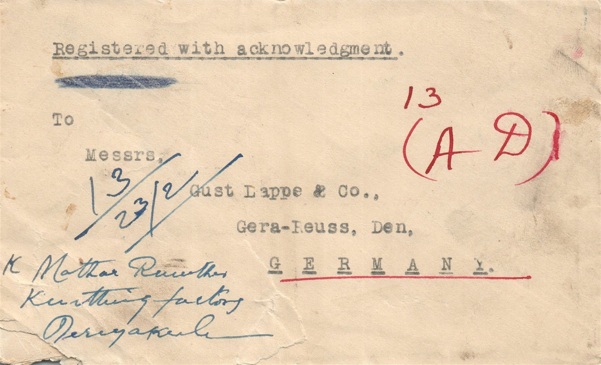 INDIA POSTAGE REVENUE COVER SENT TO GERMANY ANTIQUE ONE ANNA STAMPS