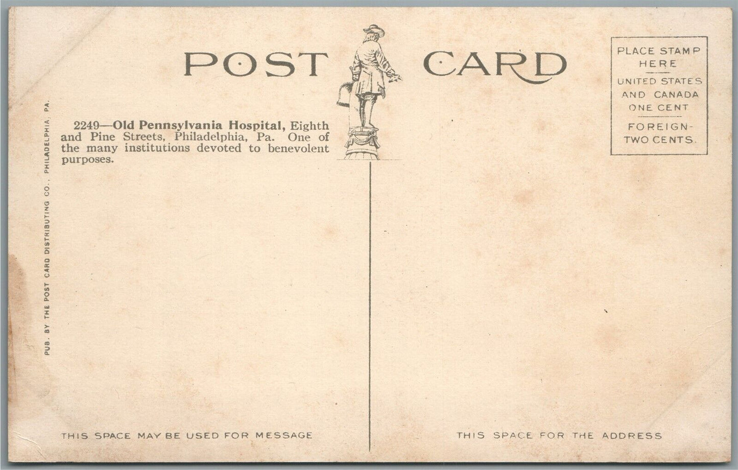PHILADELPHIA PA OLD PENNSYLVANIA HOSPITAL ANTIQUE POSTCARD