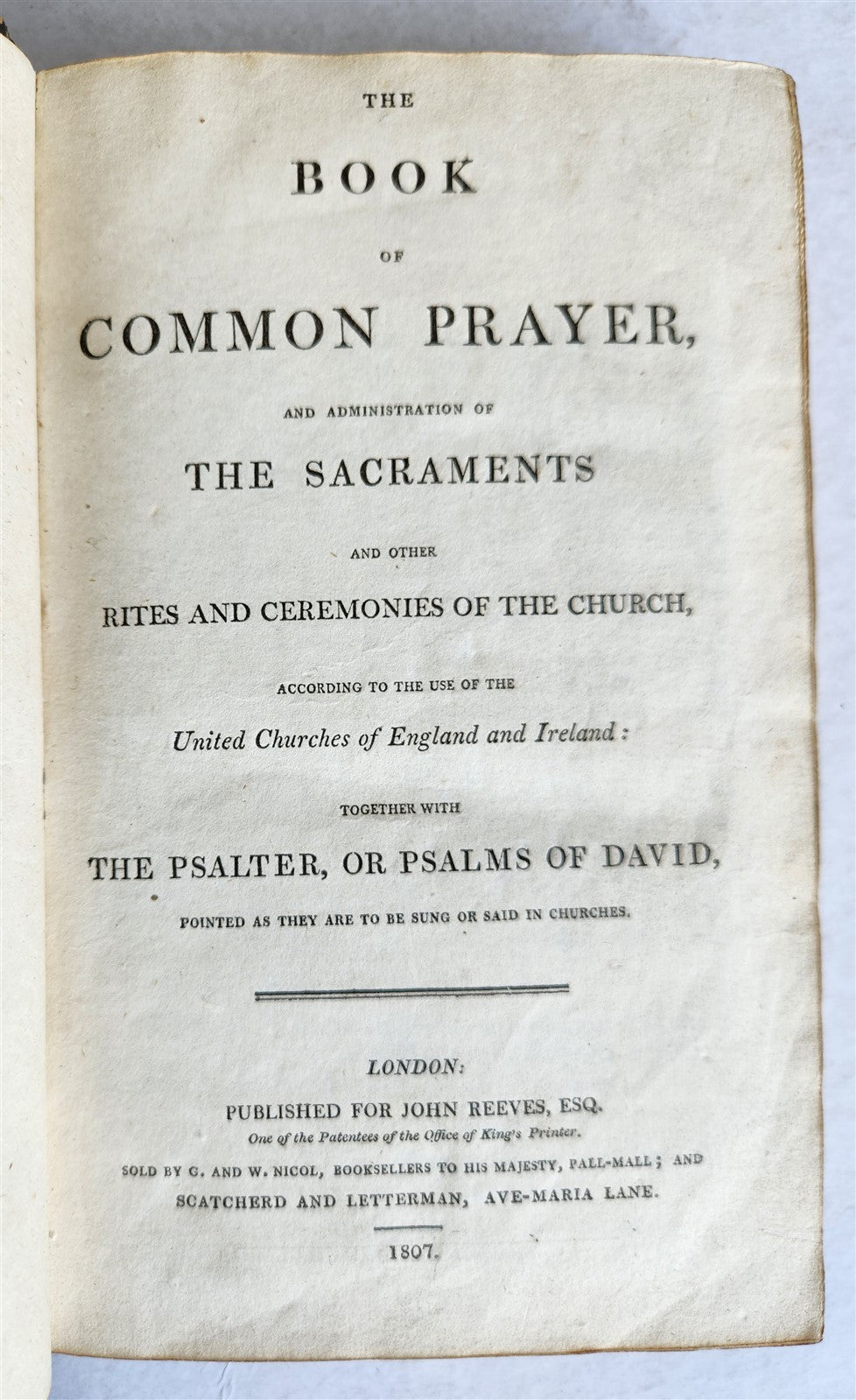 1807 BOOK of COMMON PRAYER w/ PSALTER, or PSALMS of DAVID antique in ENGLISH