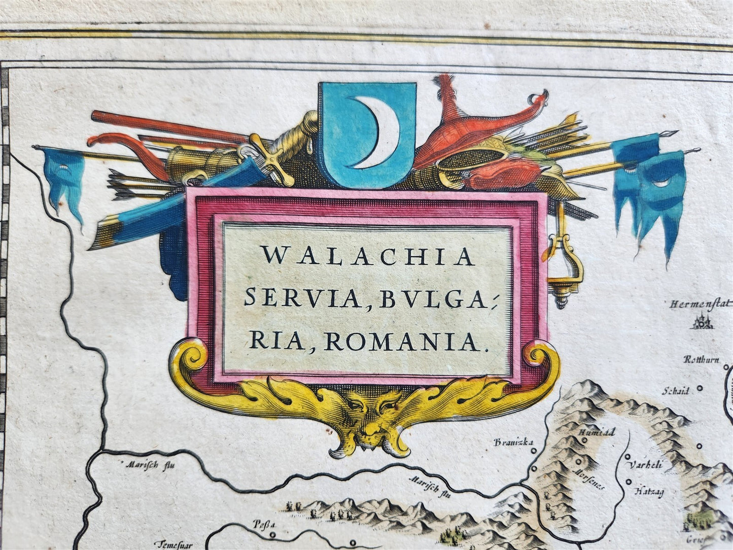 1640 SERBIA BULGARIA ROMANIA MAP by WILLEM BLAEU antique AUTHENTIC hand colored